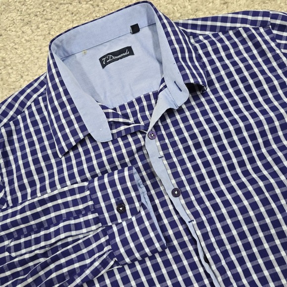 7 Diamonds Shirt Mens Large Purple Plaid‎ Button Up Long Sleeve Cotton Office - Picture 1 of 12